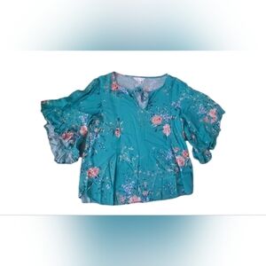 LC Lauren Conrad Teal Floral Blouse 3/4 Bell Sleeves Womens Large